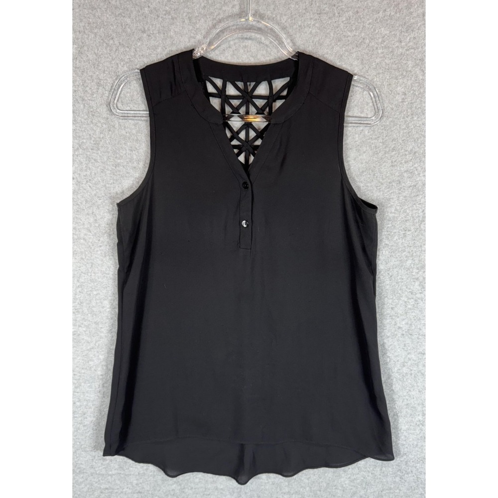 A Byer Sleeveless Blouse Womens Medium Black Lattice Back Button Top Polyester